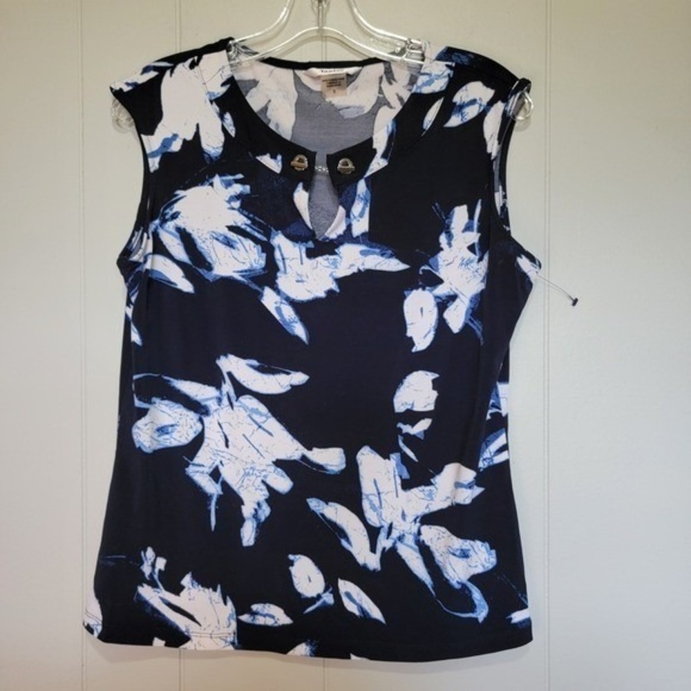 Tanjay Womens Navy Blue Floral Sleeveless Keyhole Toggle Neck Blouse Size S